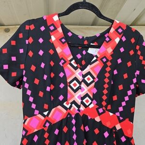 Vintage 1970s Doubleknit Black and Red Geometric Maxi Hostess Dress